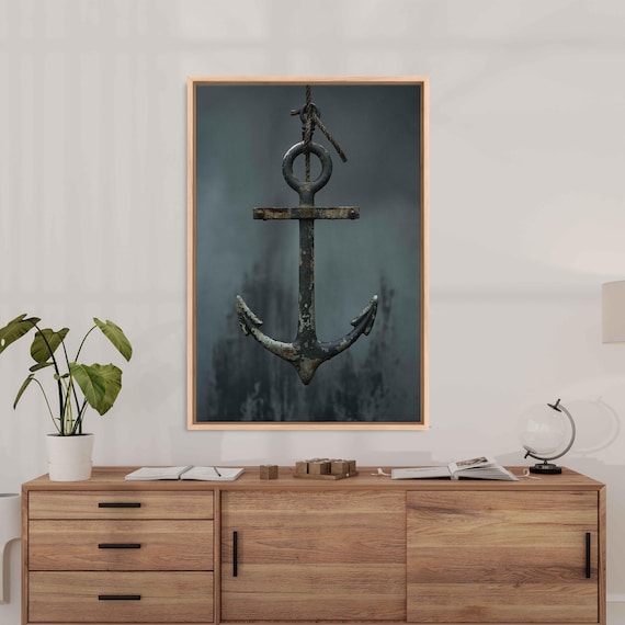 Weathered Iron Anchor Hanging With Rope On Dark Moody Background Poster