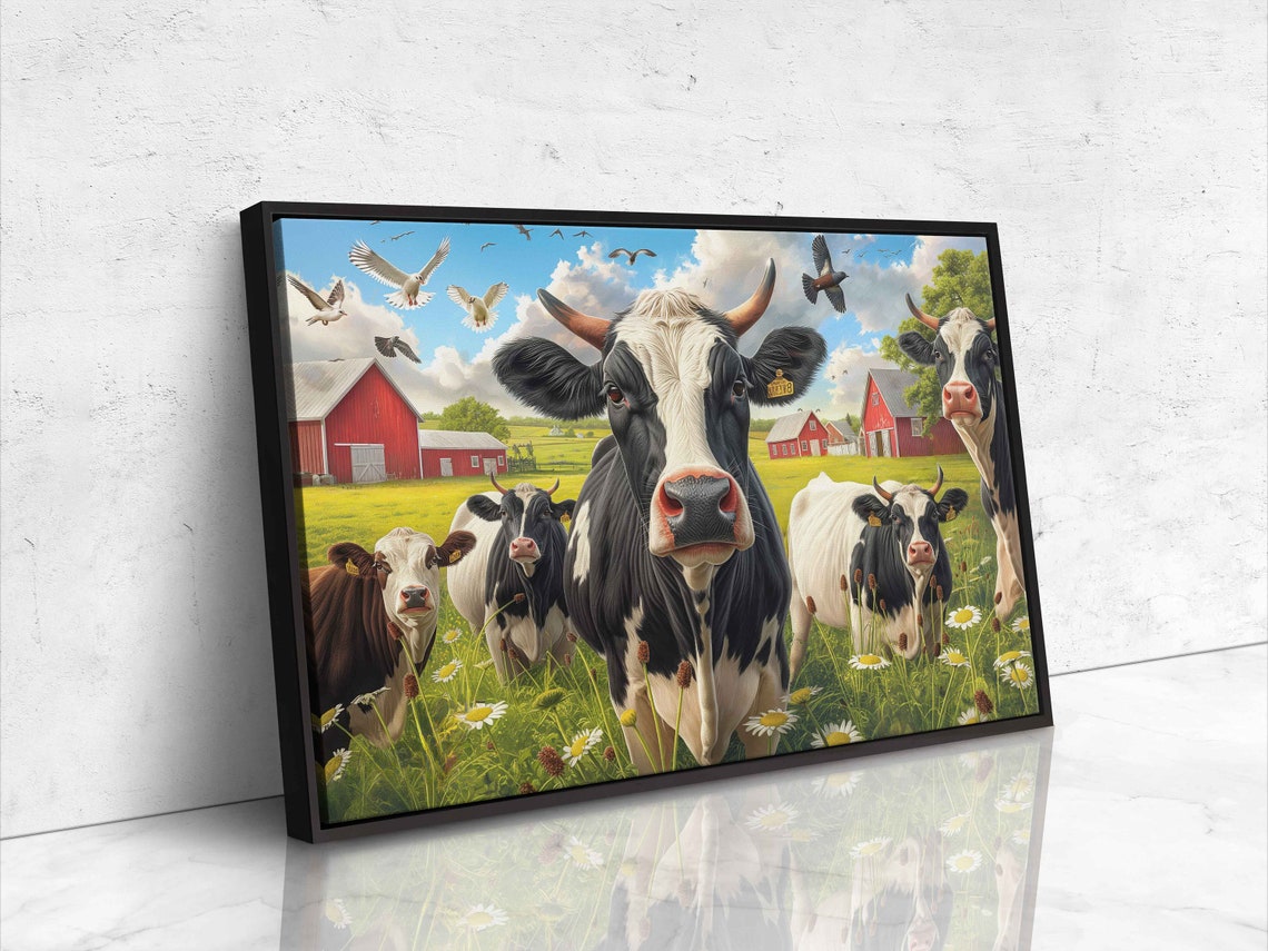Curious Cow Herd Daisy Meadow Red Barns Summer Day Painting Poster - Image 4