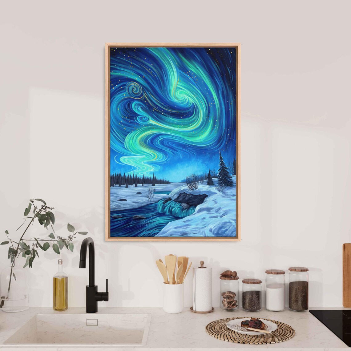 Northern Lights Swirling Aurora Over Snowy River Landscape Winter Wall Poster - Image 3