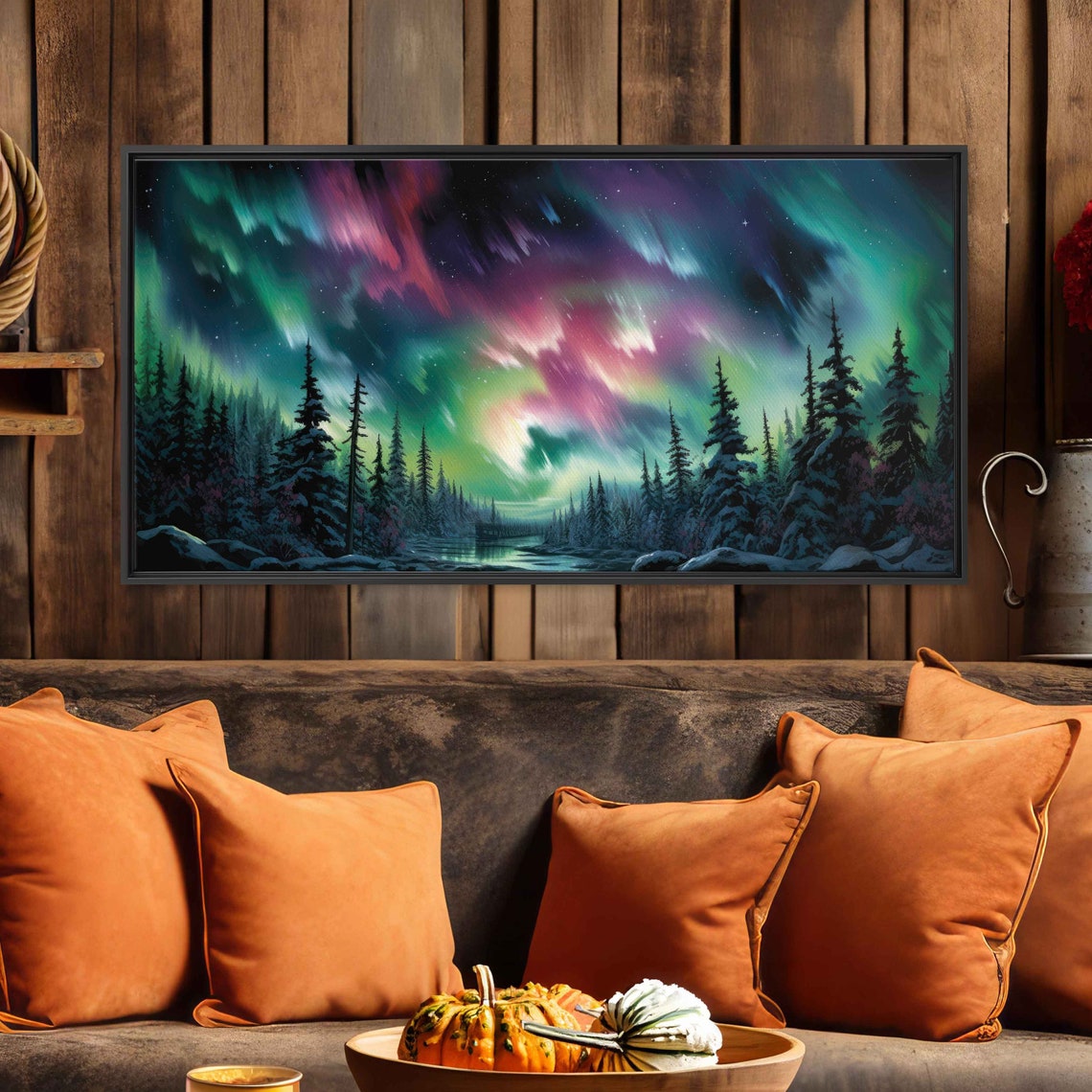 Aurora Borealis Over Snowy Pines Neon Night Sky Northern Lights Poster - Image 2