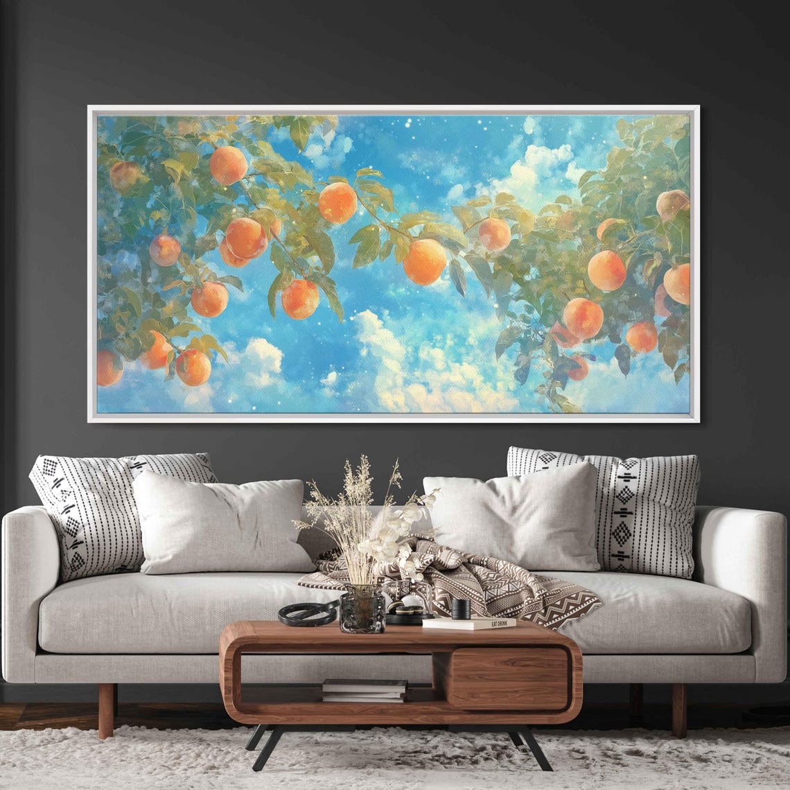 Ripe Peaches on Green Branches Under a Bright Blue Summer Sky Poster