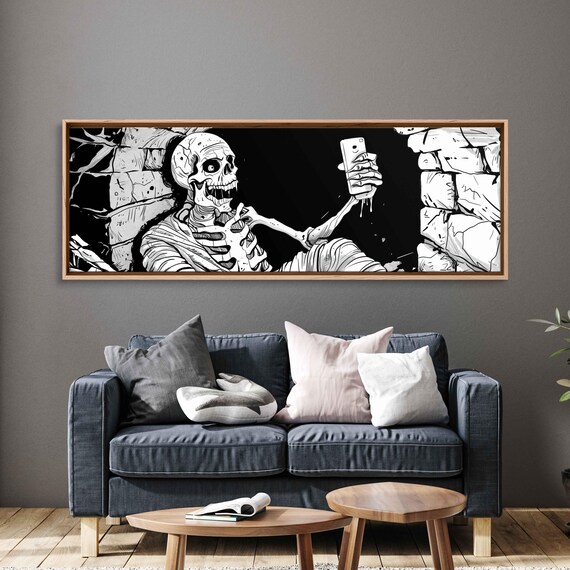 Gothic Skeleton Taking Selfie in Stone Crypt Funny Ink Halloween Poster