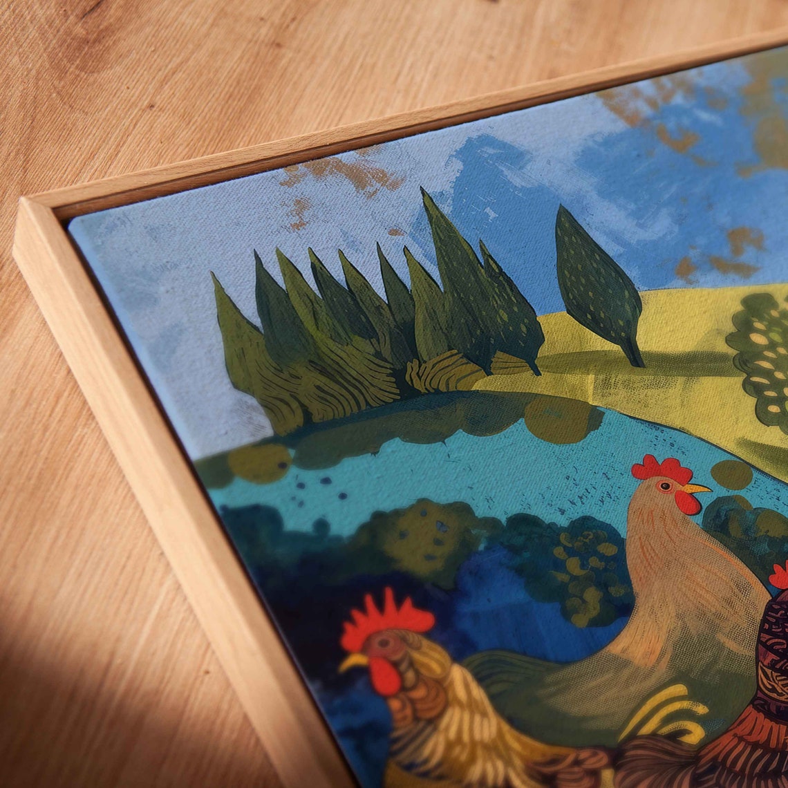 Colorful Folk Art Roosters Rolling Hills Red Barns Farm Poster - Image 2