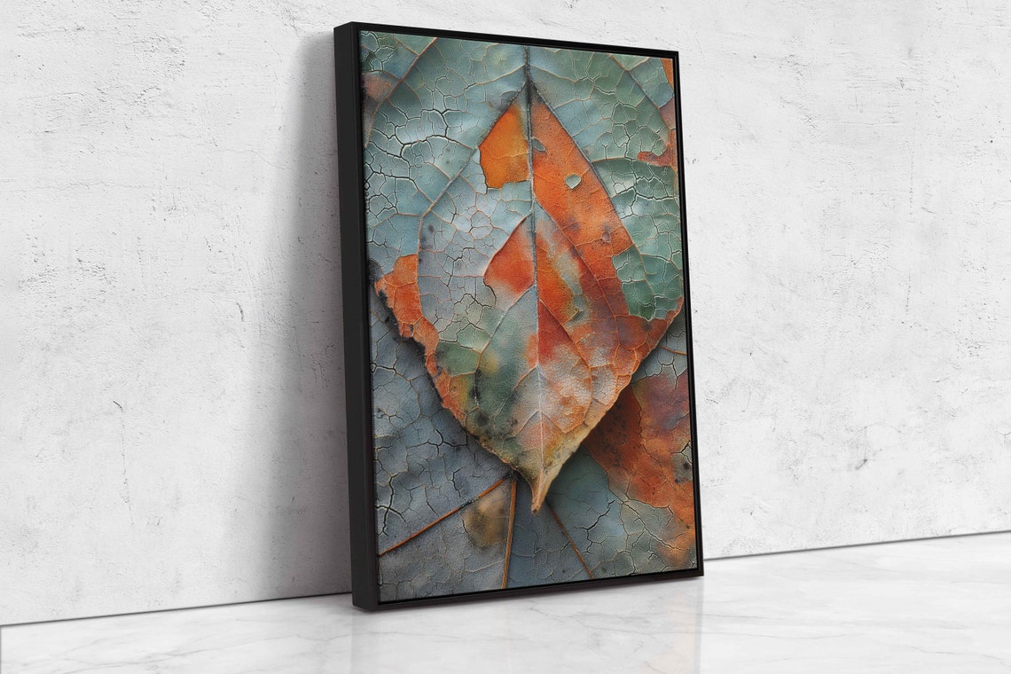 Dried Leaf Macro Close Up Teal Orange Autumn Botanical Print - Image 4