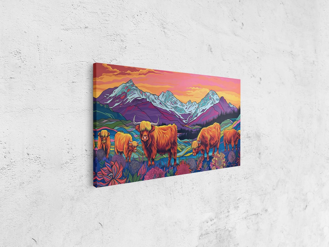 Colorful Highland Cows Herd Abstract Pop Art Mountain Poster - Image 4