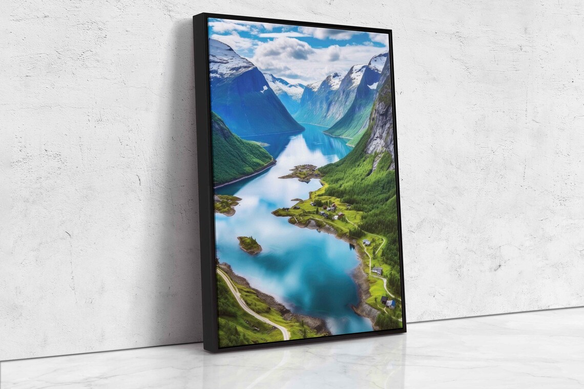 Green Fjord Valley Turquoise Water Snowy Peaks Scenic Travel Poster - Image 4