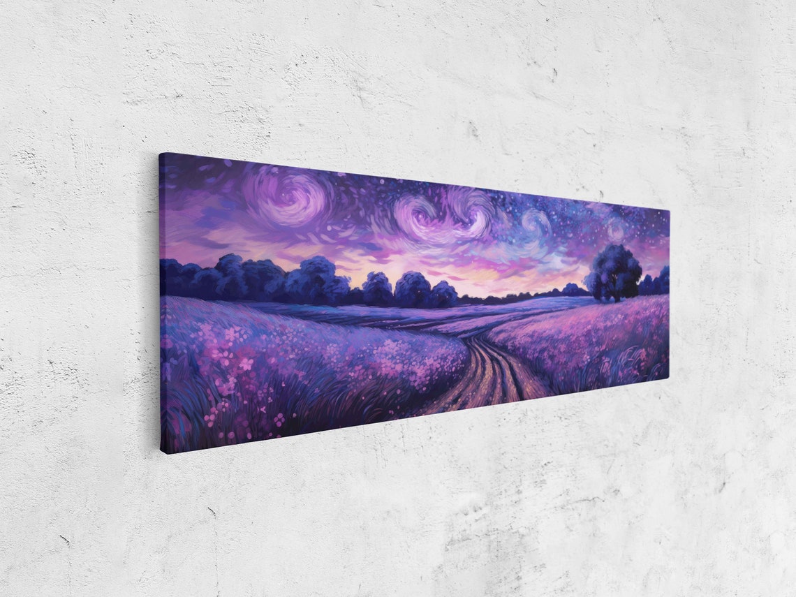 Starry Night Sky Lavender Field Panoramic Painting Reproduction Print Ready To Hang - Image 4