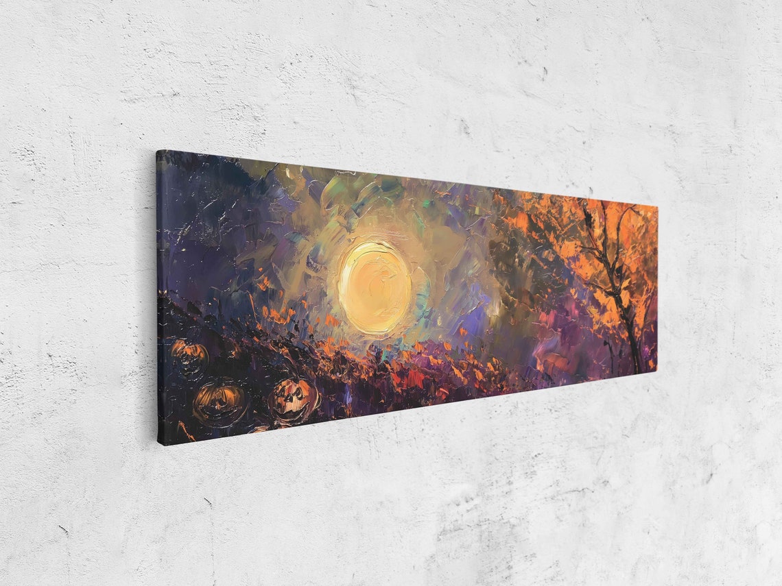 Harvest Moon Rising Over Autumn Forest Orange Impasto Night Poster - Image 4