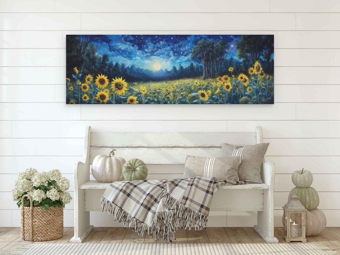 Sunflower Field Under Full Moon Starry Night Sky Panoramic Art Print - Image 2