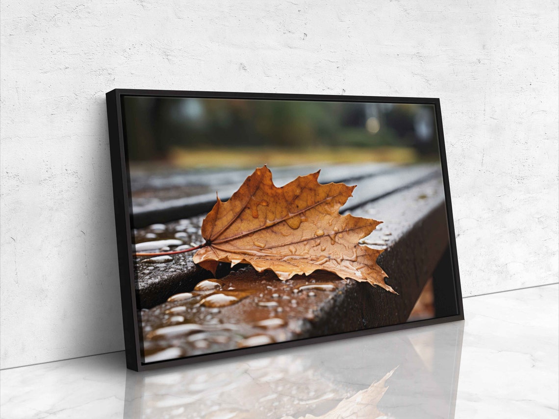 Autumn Maple Leaf Rainy Bench Closeup Moody Fall Photography Poster - Image 4