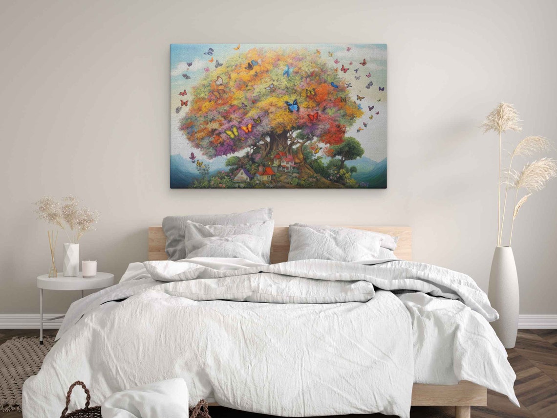 Rainbow Tree Of Life With Colorful Butterflies Fantasy Landscape Print - Image 3