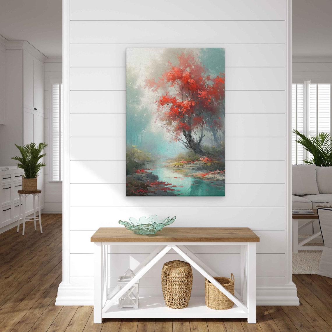 Red Blossom Tree By Misty River Soft Impressionist Nature Poster - Image 2