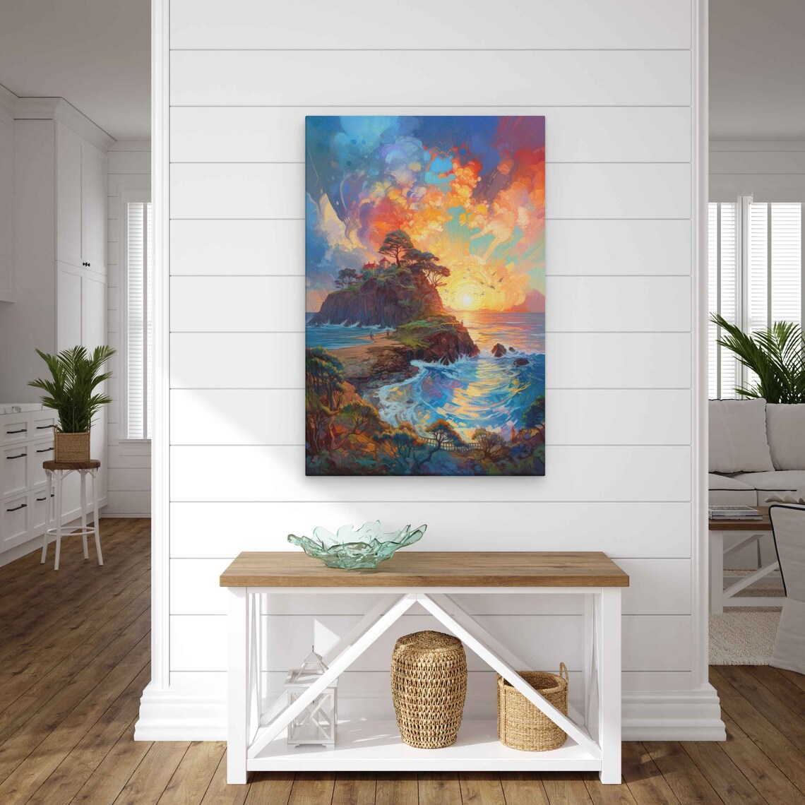 Dramatic Coastal Headland Sunset Oil Painting Waves Rocks Cliffs Travel Poster - Image 2