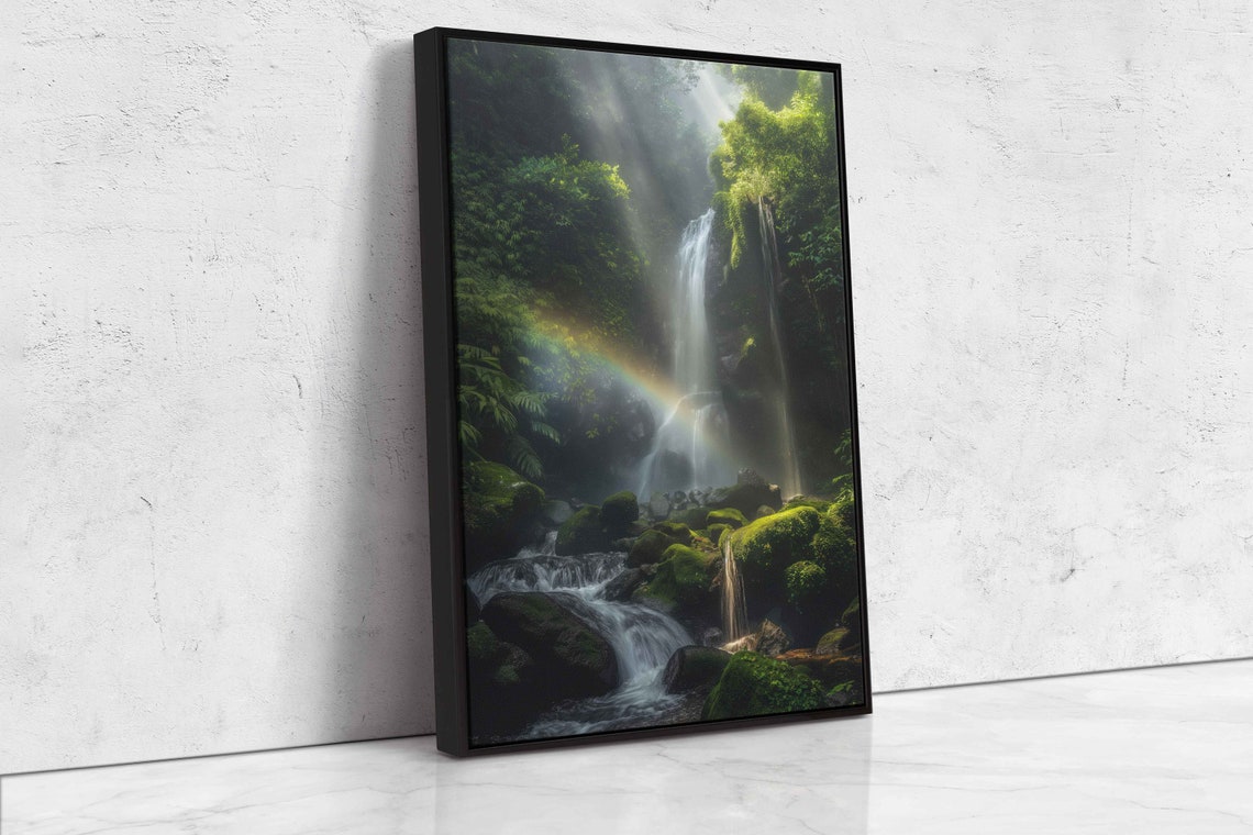 Waterfall Rainbow Cascading Down Moss Covered Rocks Wall Art Print Tropical Landscape Tranquil Art Ready To Hang - Image 4
