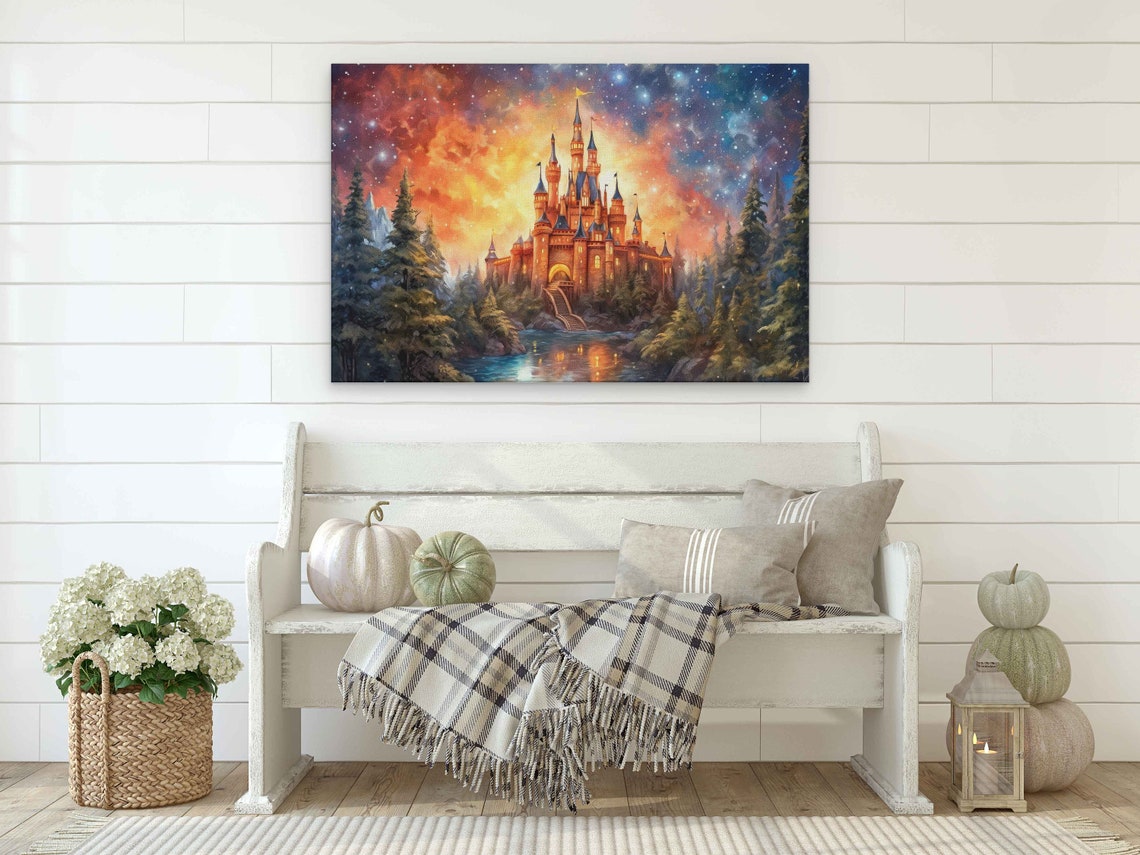 Fairy Tale Castle Fiery Sunset Galaxy Sky Lake Pine Forest Poster - Image 2