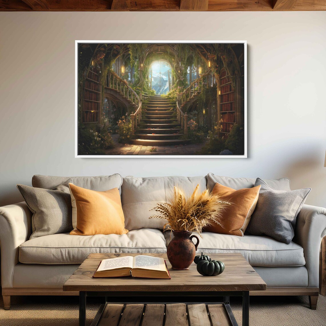 Enchanted Treehouse Library Spiral Bookshelf Staircase Vines Fantasy Print - Image 3