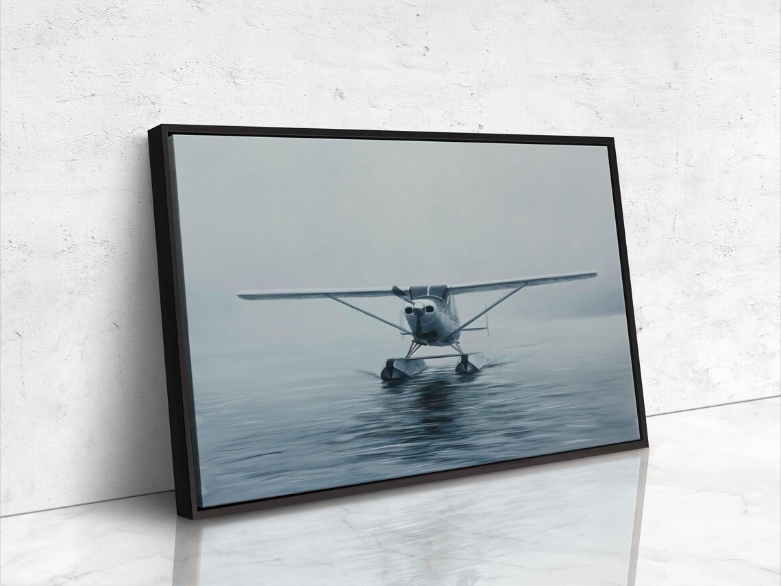 Vintage Seaplane Landing On Calm Misty Water Minimalist Aviation Photo Print - Image 4