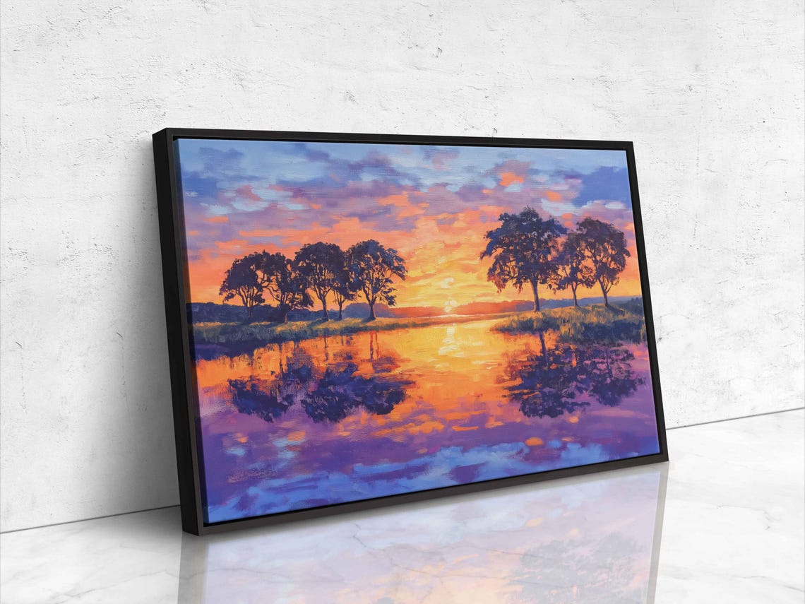 Sunset Over English Field Wall Art Print Tranquil Pond Reflections Vibrant Oak Trees - Image 4