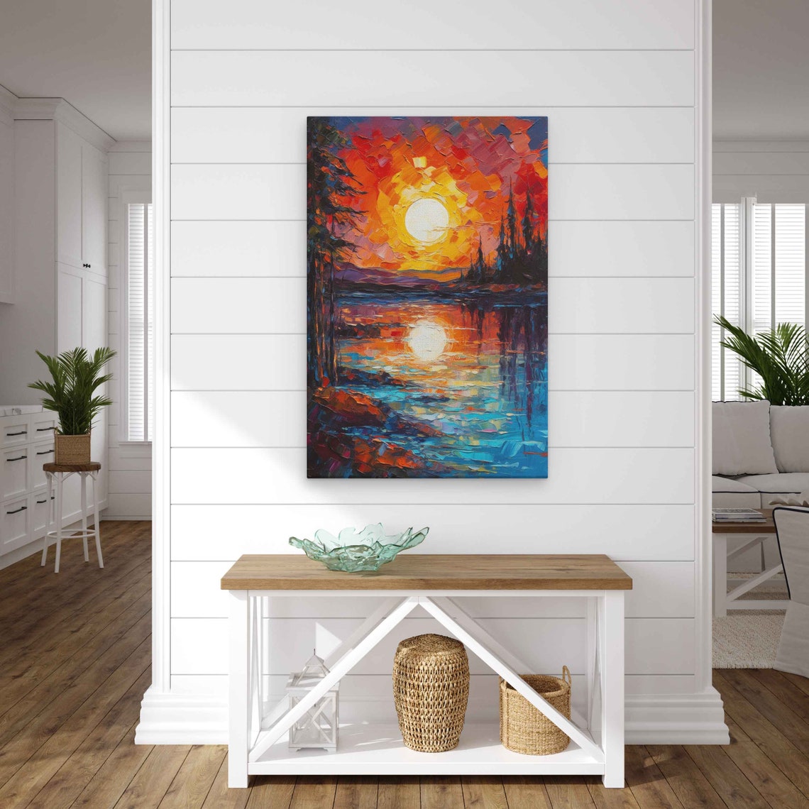 Sunset River Reflection Palette Knife Colorful Landscape Art Poster - Image 2