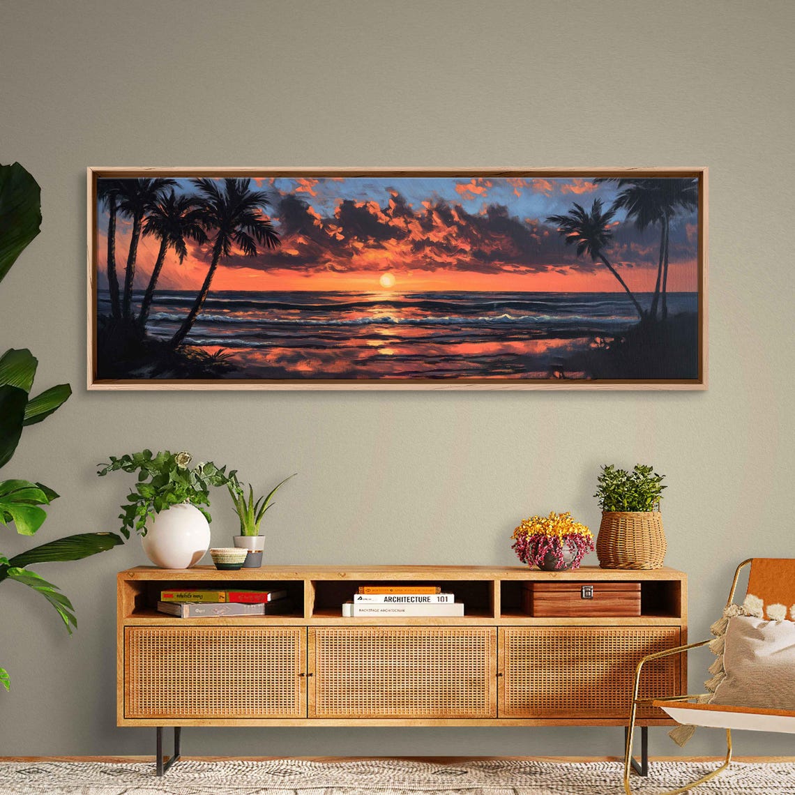 Vintage Beach Sunset Wall Art Print Palm Trees Silhouette Warm Orange And Pink Hues - Image 2
