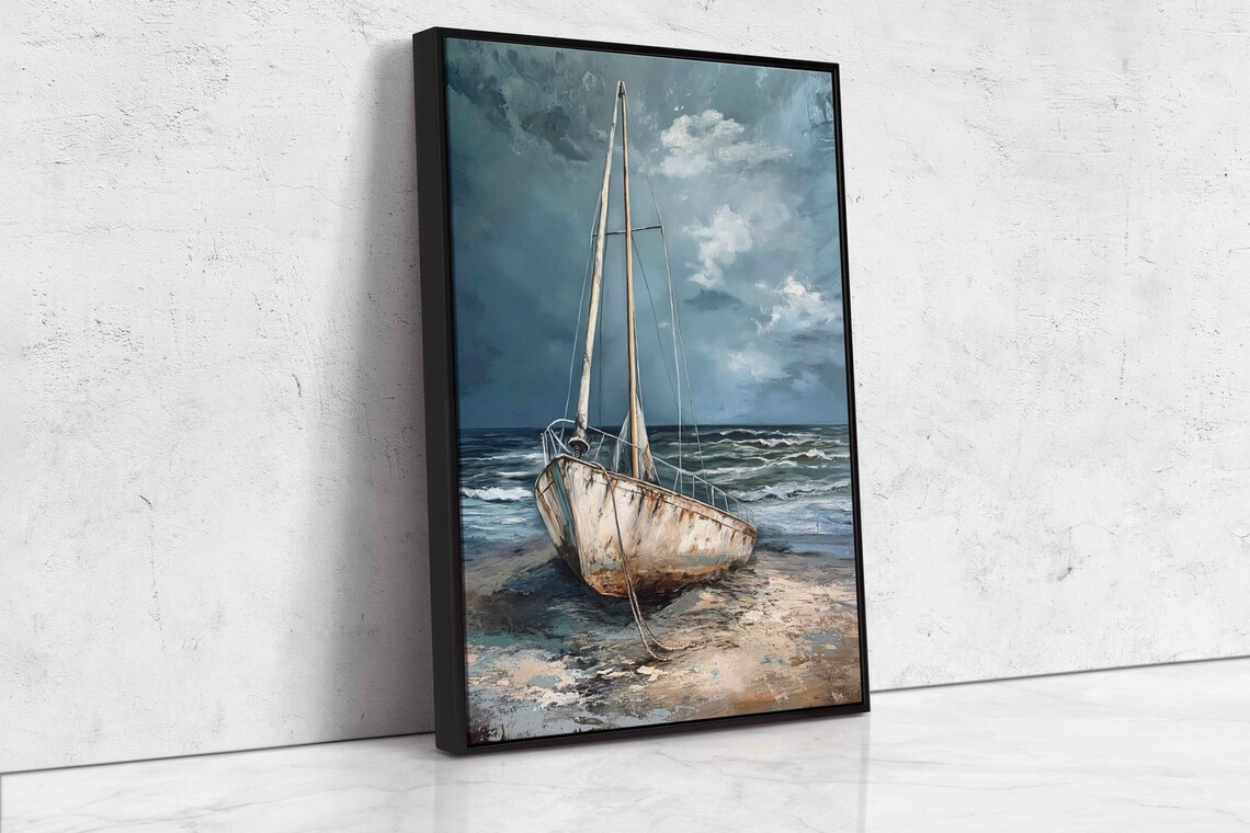 Weathered Sailboat Washed Ashore Moody Cloudy Beach Painting Poster - Image 4