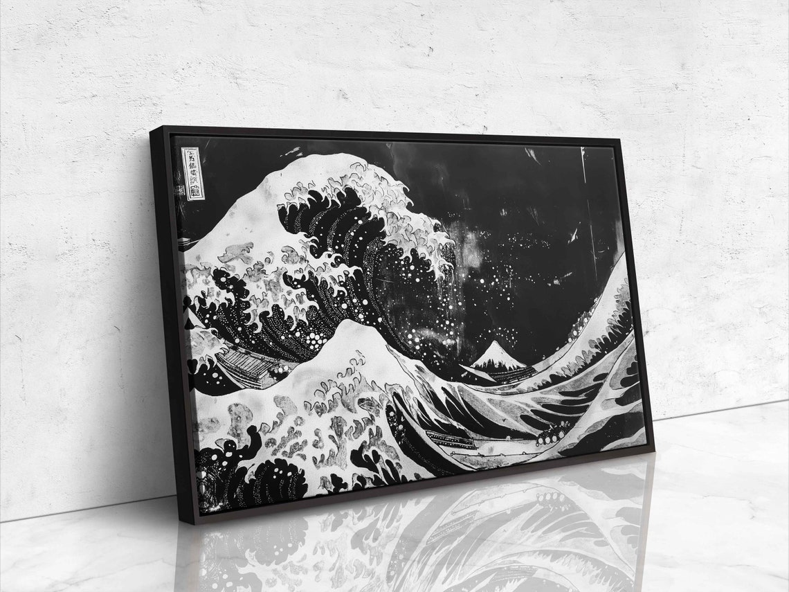 Hokusai Great Wave Monochrome Black Japanese Woodblock Style Art - Image 4