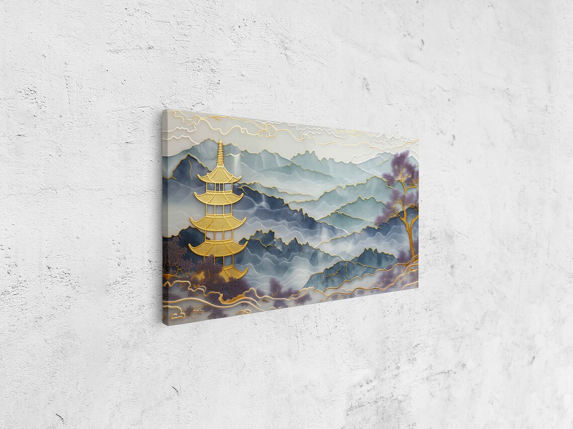 Gold Inlaid Jade Pagoda, Chinese Ink Landscape Art Print - Image 4