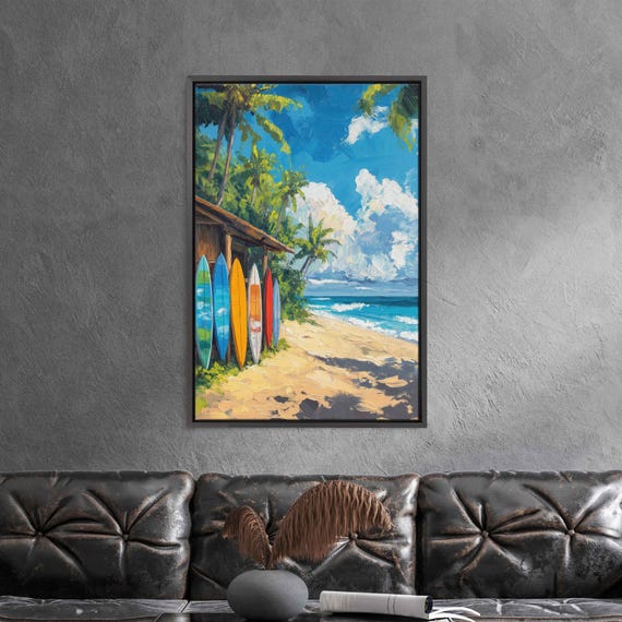 Surfboards Resting Against Shack Acrylic Wall Art Print Beach Life Tropical Island Gift For Surfer Palm Trees Ready To Hang