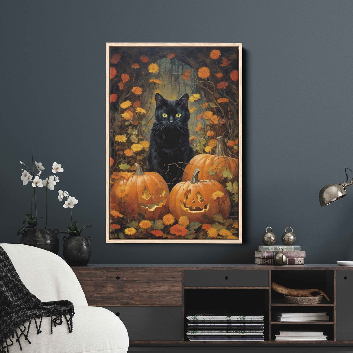 Halloween Black Cat With Pumpkins Autumn Garden Fall Floral Print - Image 3
