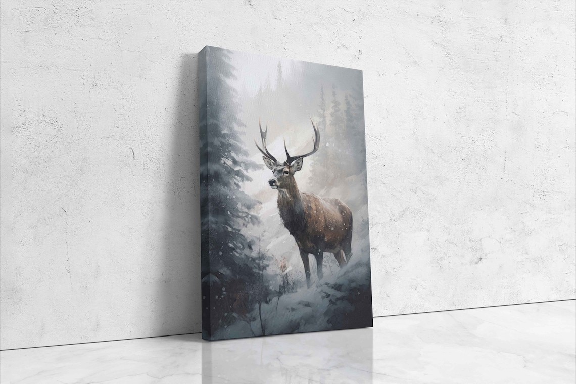 Majestic Stag Deer Snowy Winter Forest Oil Painting Wildlife Poster - Image 4