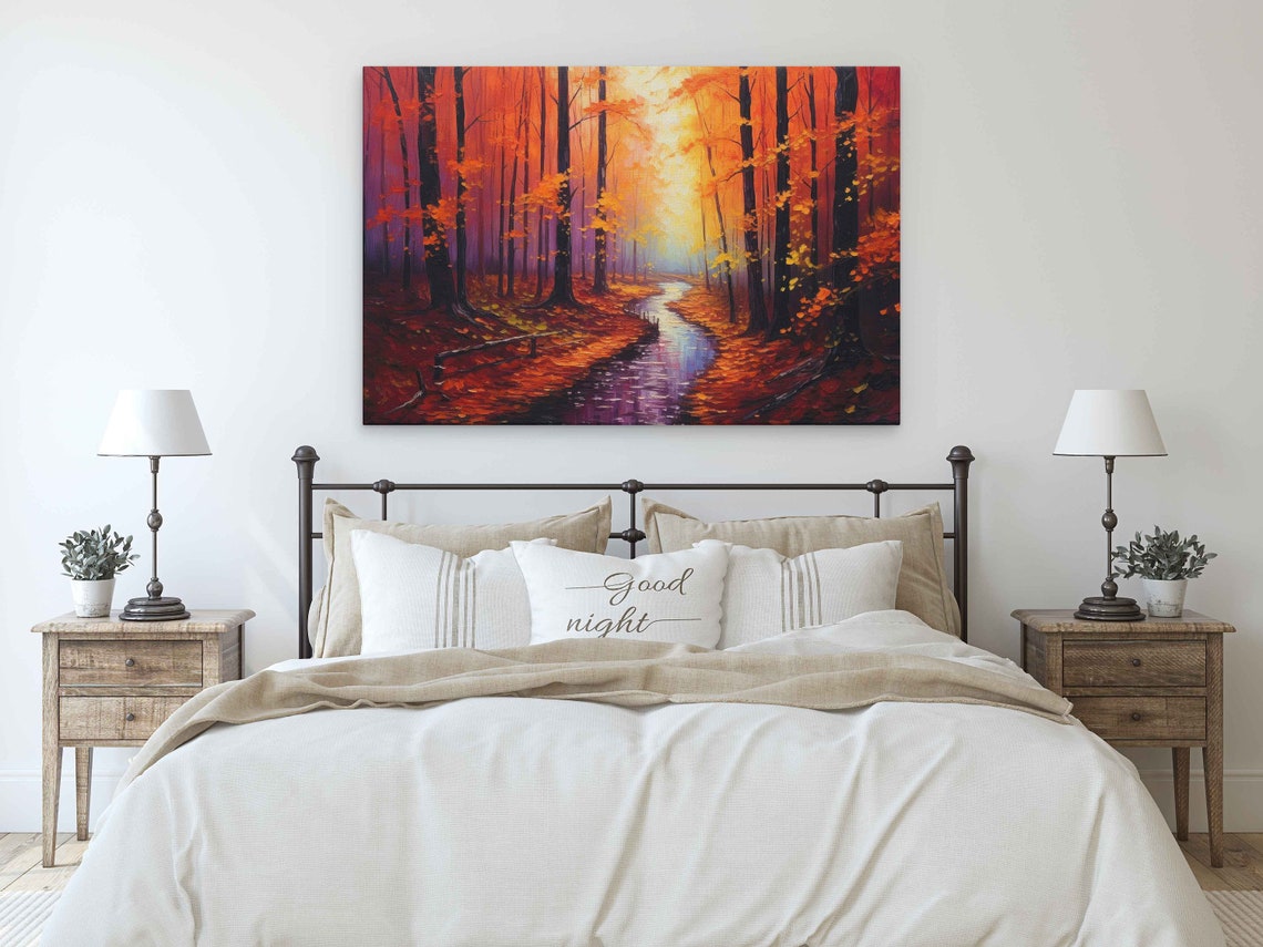 Autumn Forest Stream Red Orange Foliage Sunlight Oil Painting Poster - Image 3