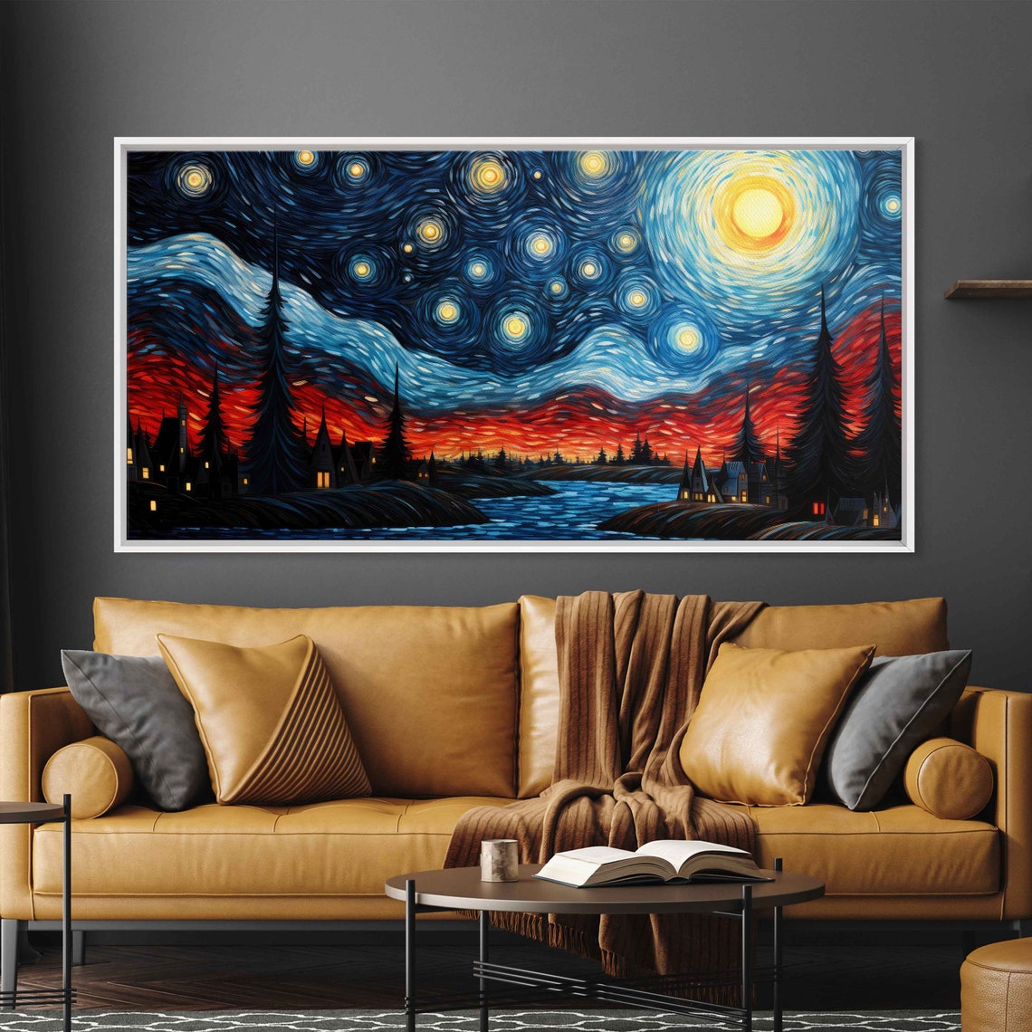 Starry Night Van Gogh Inspired Wall Art Print Tranquil Town On Water Ready To Hang - Image 3