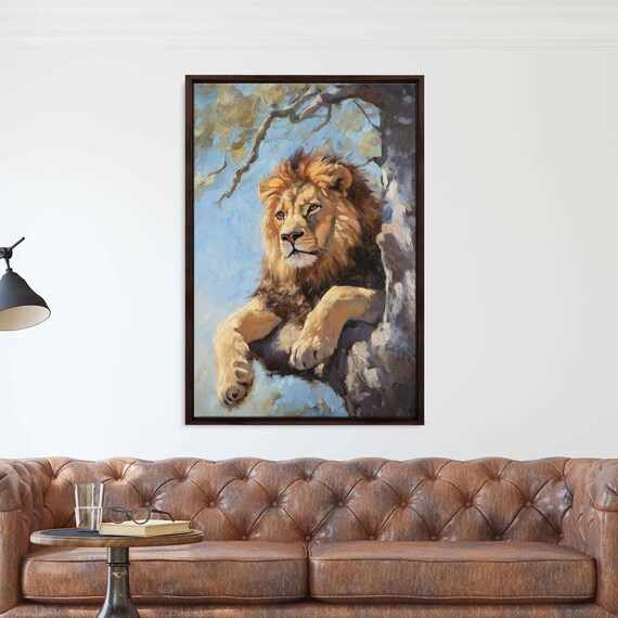Lion Lounging On Tree Branch Pastel Blue Whimsical Wildlife Art Poster