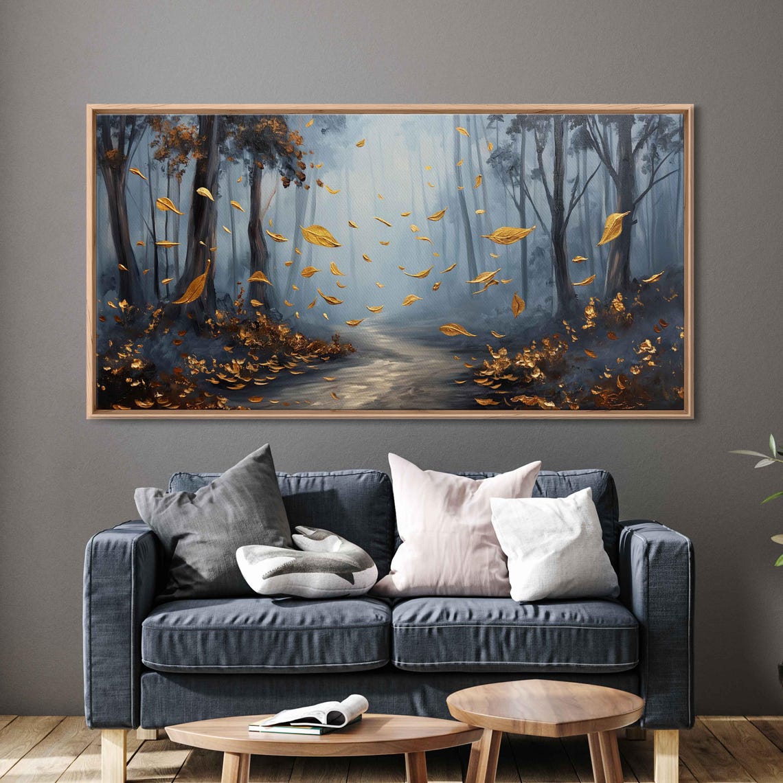 Misty Forest Path With Falling Golden Leaves Autumn Painting Poster - Image 3