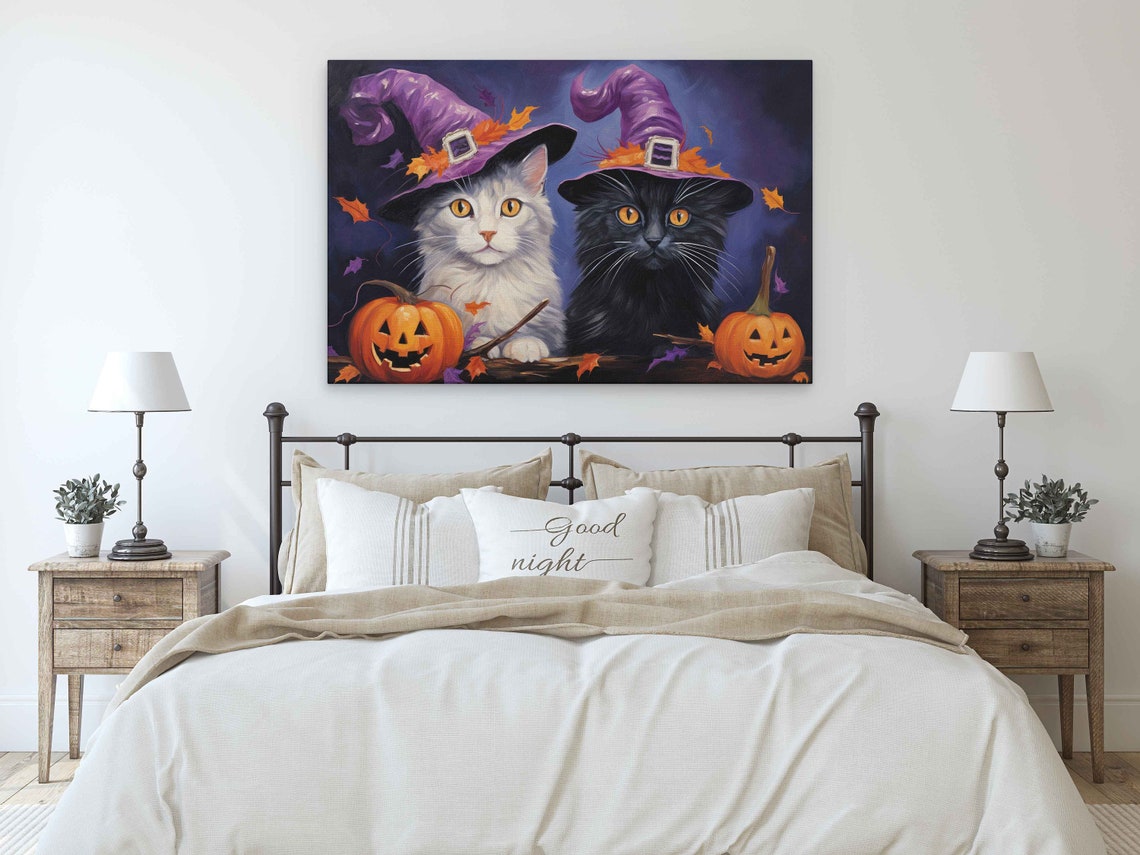 Cute Halloween Cat Wizards Oil Painting Framed Reproduction Print Ready To Hang - Image 4