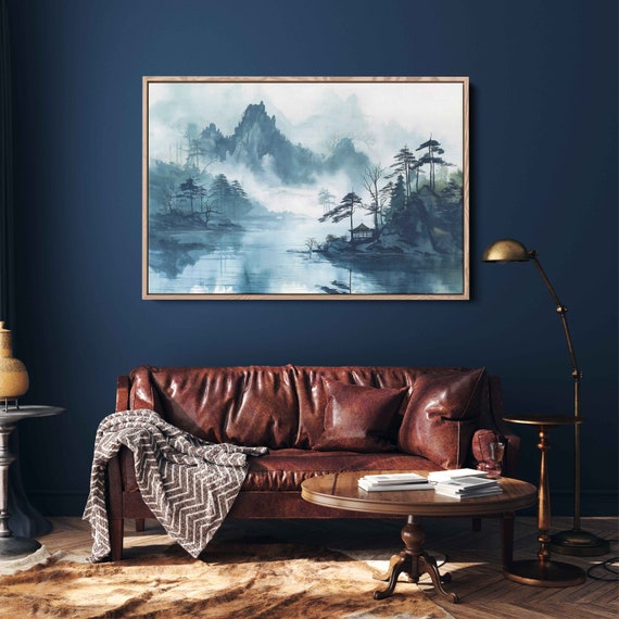 Japanese Zen Painting Wall Art Print Coastal Japanese Town Foggy Asian Landscape Ready To Hang