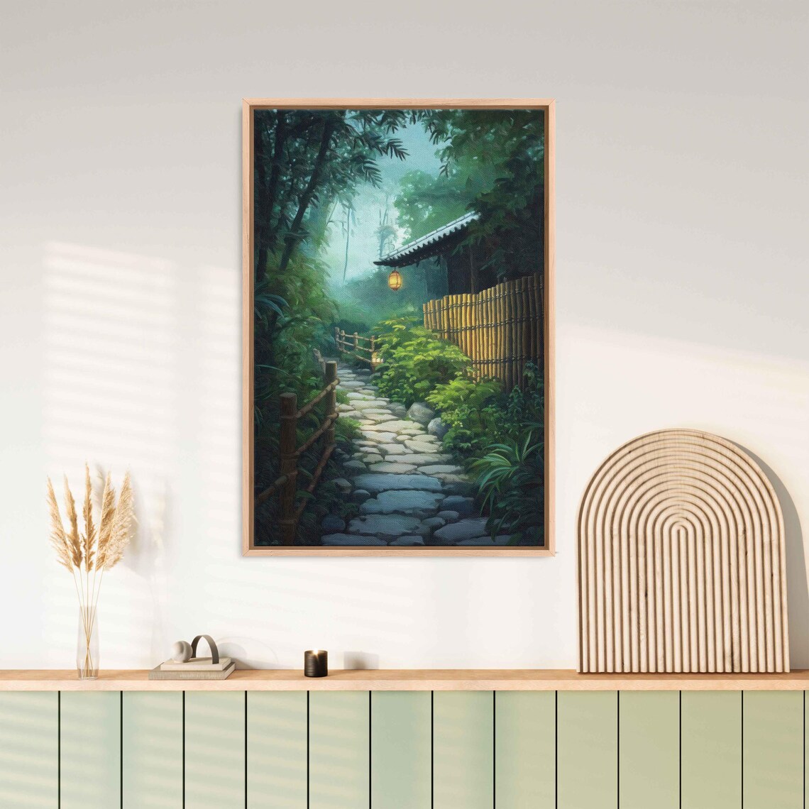 Japanese Zen Garden Stone Path Bamboo Fence Tea House Misty Morning Tranquil Poster - Image 3