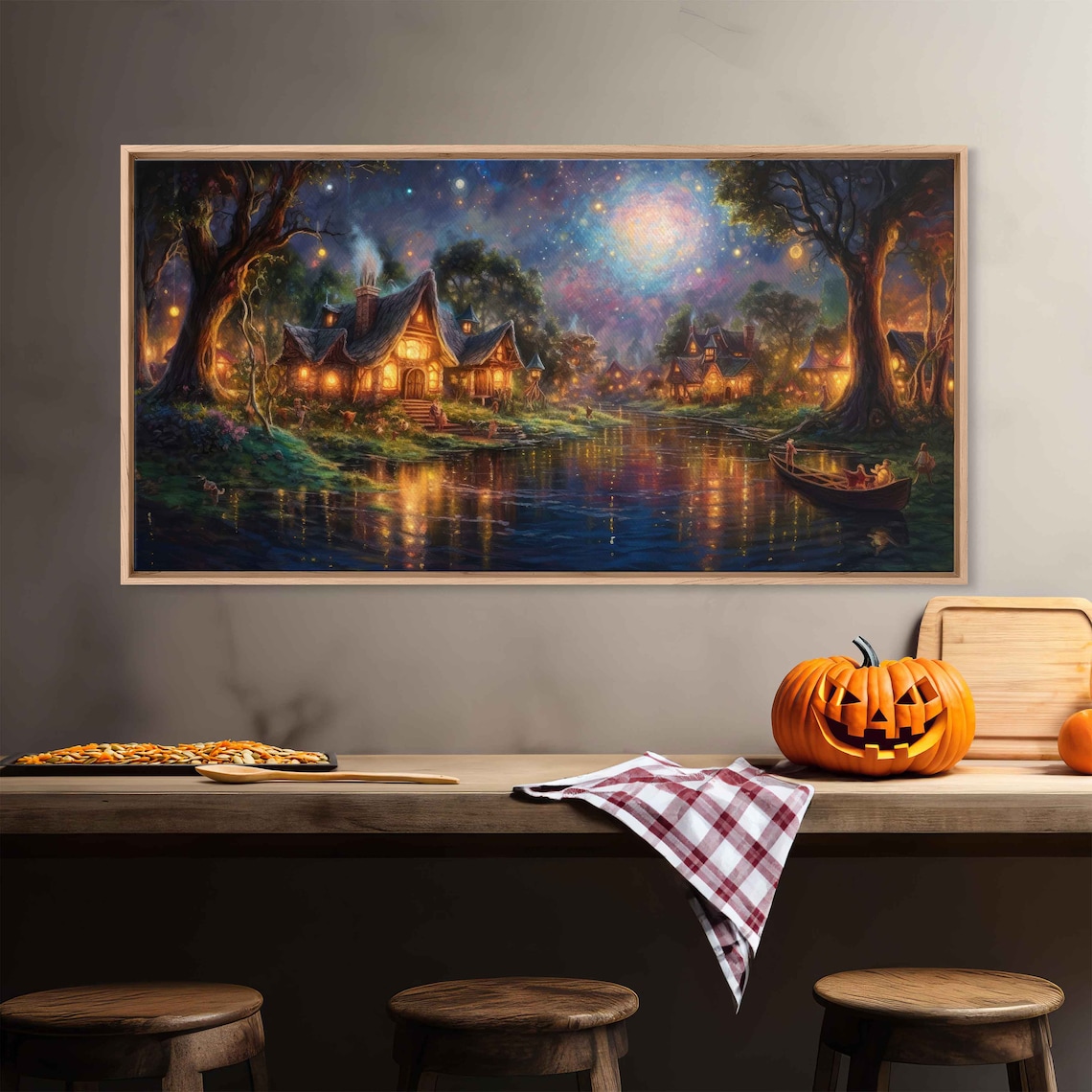Whimsical Moonlit Twilight Village Art Print - Image 2