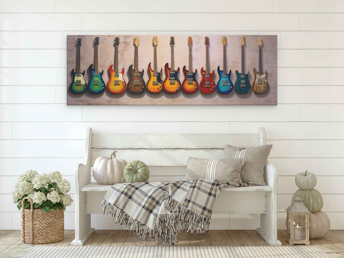 Colorful Electric Guitars Panoramic Lineup Against Brick Wall Print - Image 2