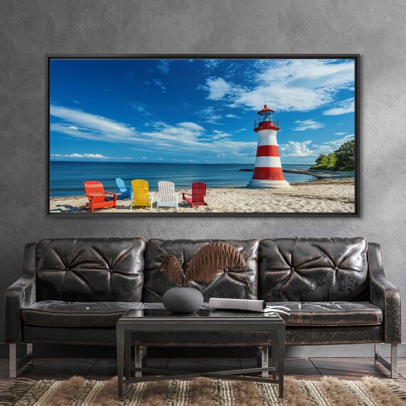 Red White Lighthouse On Beach Colorful Chairs Bright Blue Sky Travel Poster