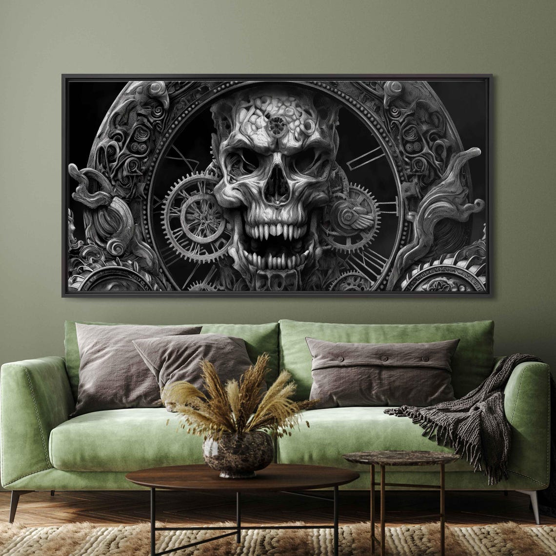 Gothic Skull Clock Steampunk Gears Monochrome Ink Art Halloween Poster - Image 3