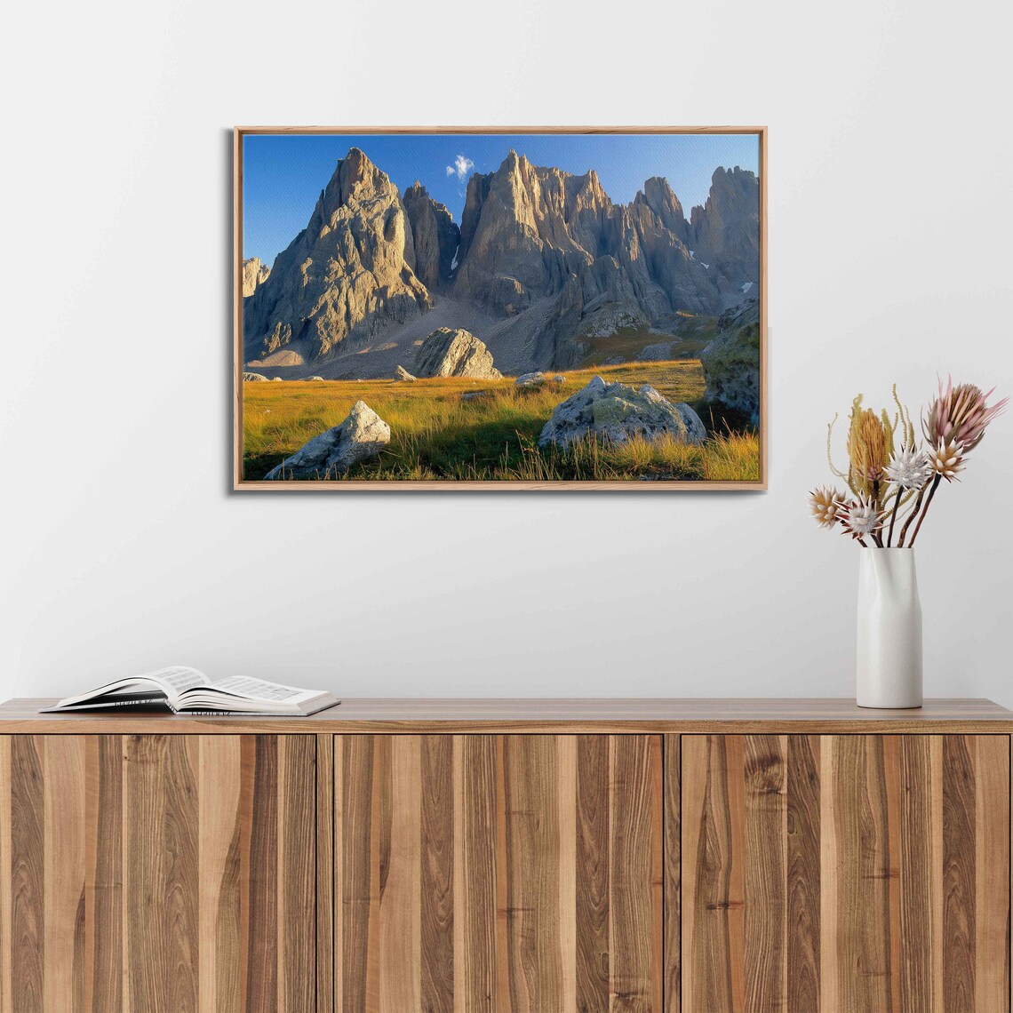 Dolomite Alps At Sunset Breathtaking View Wall Art Print Italian Mountain Range Lush Cliffside Valley Ready To Hang