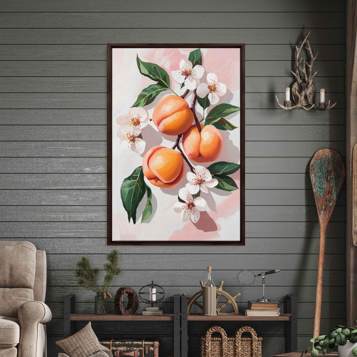Juicy Peaches White Blossoms Soft Pink Watercolor Botanical Art Poster
