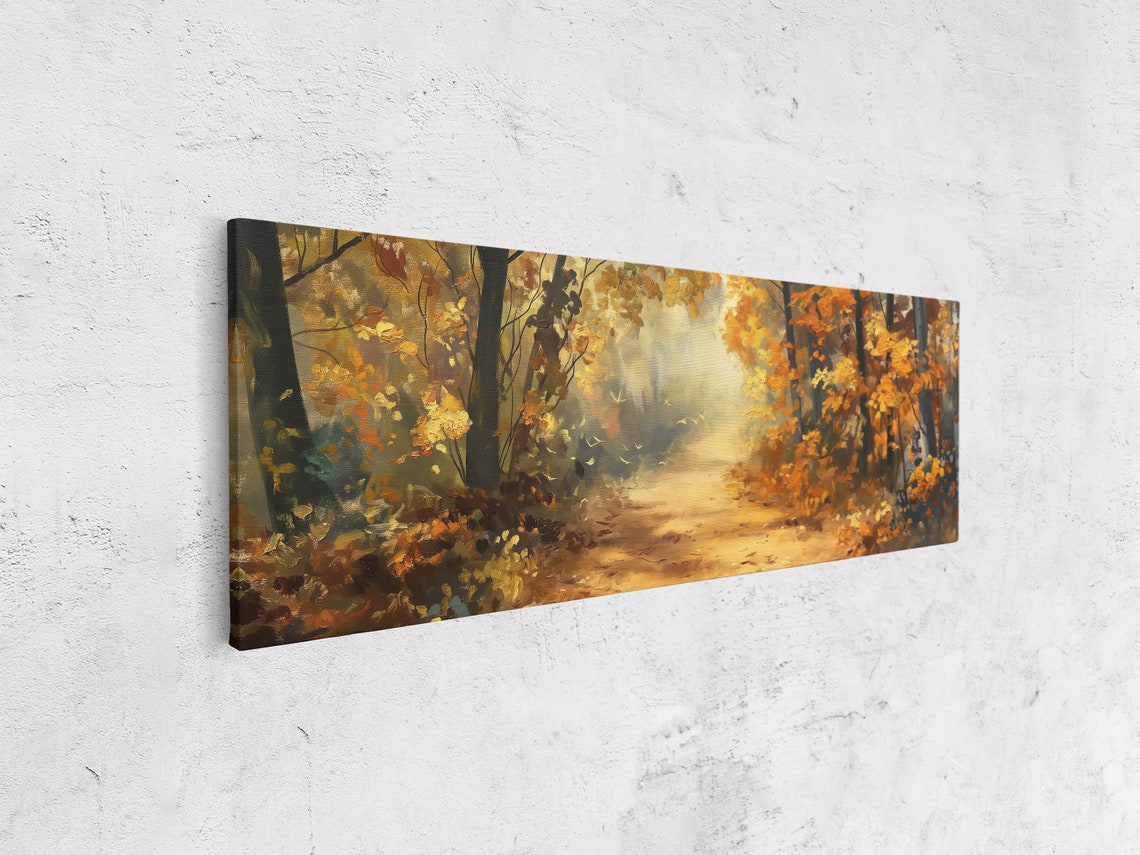 Golden Autumn Forest Path Sunlit Fall Leaves Painting Poster - Image 4