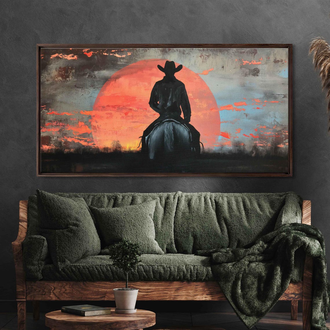 Cowboy On Horseback Against Giant Red Sun Western Sunset Poster - Image 3