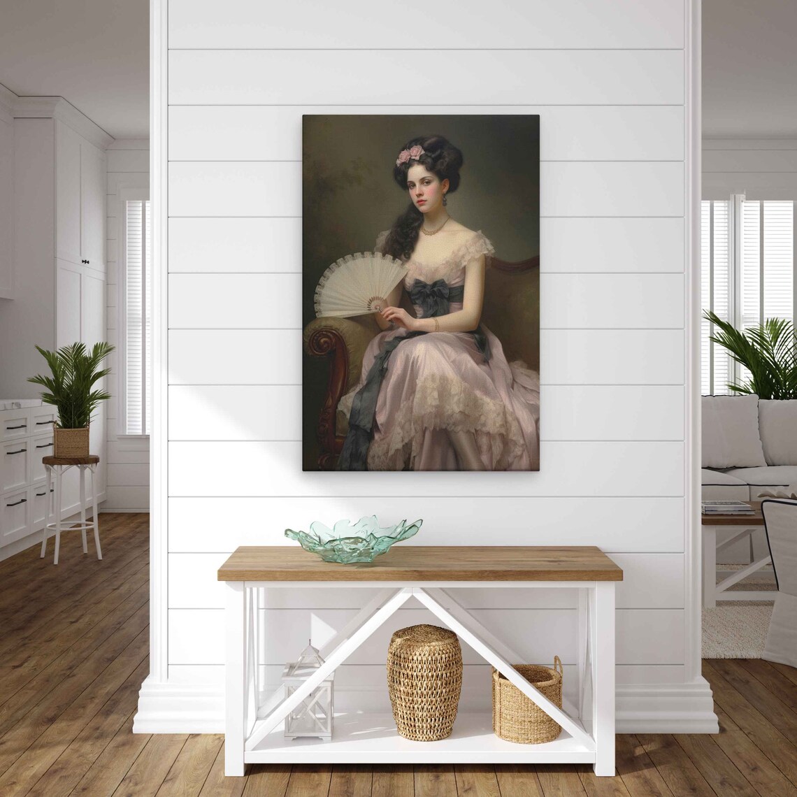 Vintage Lady Pink Dress Fan Classical Portrait Elegant Wall Art - Image 3