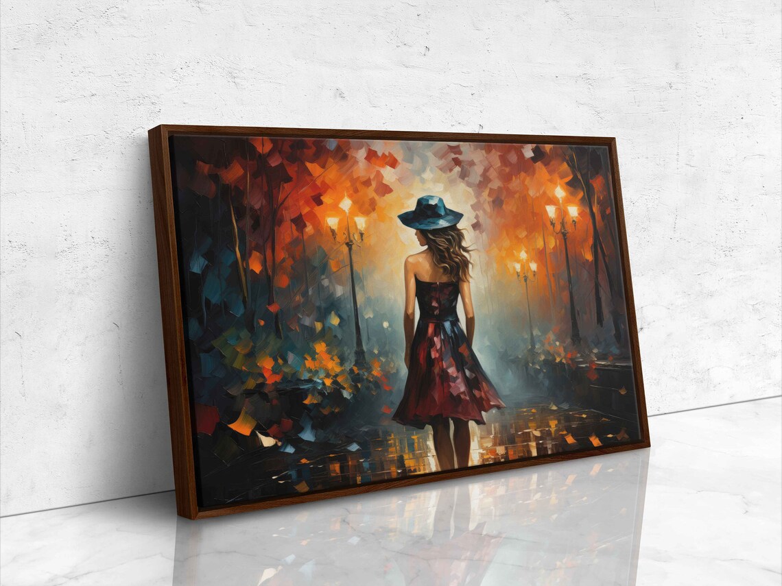 Palette Knife Woman Red Dress Blue Hat Autumn Street Walk Art Print - Image 4
