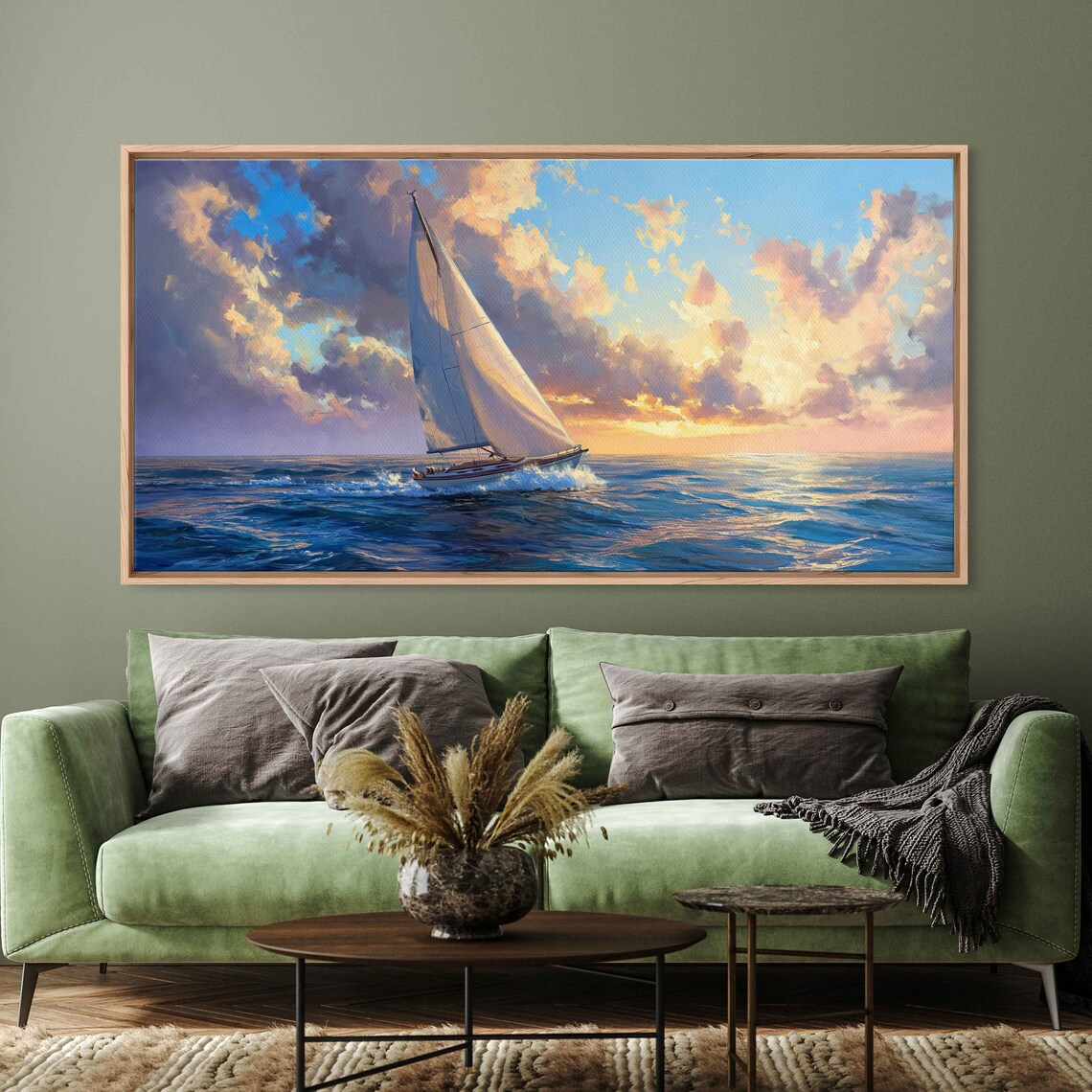 Sailboat At Sunset Golden Orange Sky Reflective Ocean Painting Poster - Image 2