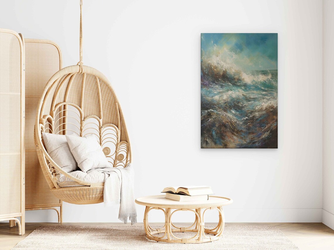 Abstract Crashing Wave Vertical Seascape Gold And Teal Oil Painting Print - Image 3