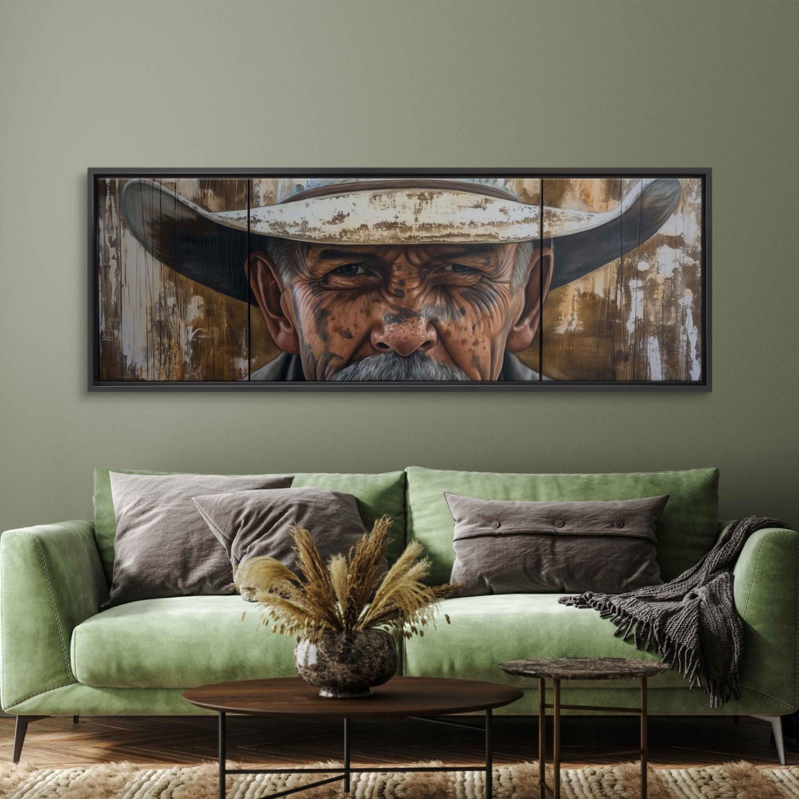 Distressed White Hat Cowboy Face Wide Panoramic Wall Art Poster - Image 3
